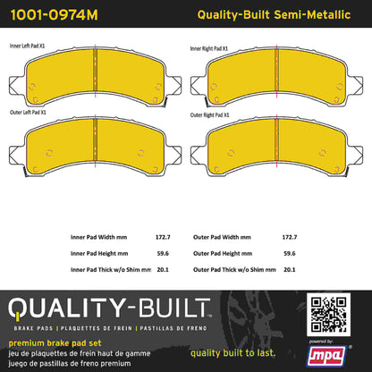 Quality-Built Quality-Built Premium Semi-Metallic Brake Pads w/ Hardware 1001-0974M