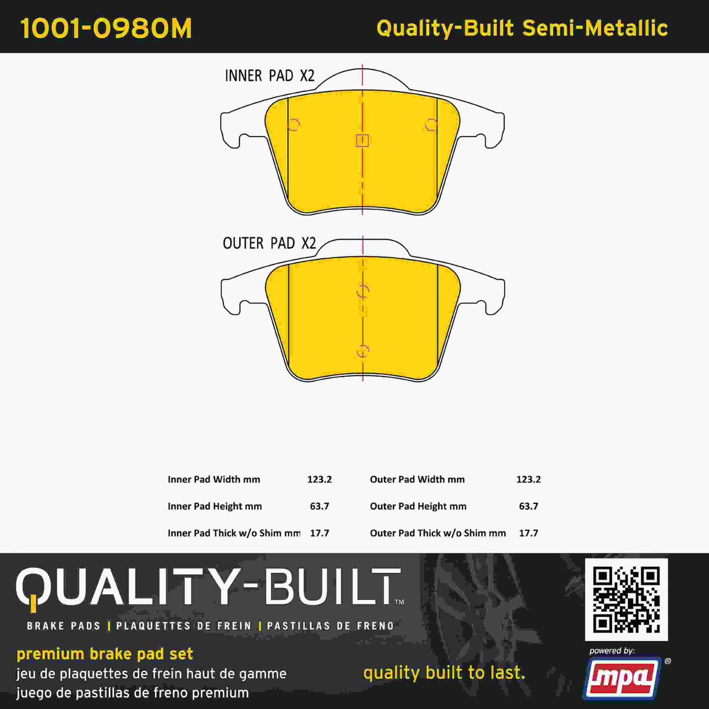 Quality-Built Quality-Built Premium Semi-Metallic Brake Pads w/ Hardware 1001-0980M