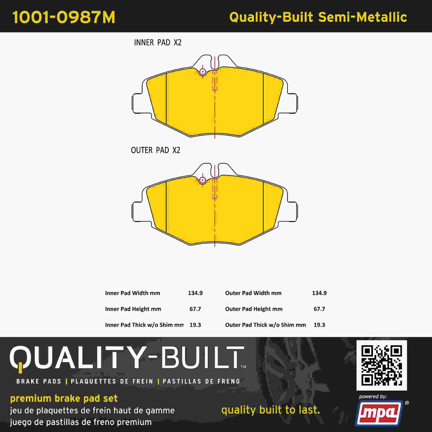 Quality-Built Quality-Built Premium Semi-Metallic Brake Pads w/ Hardware 1001-0987M
