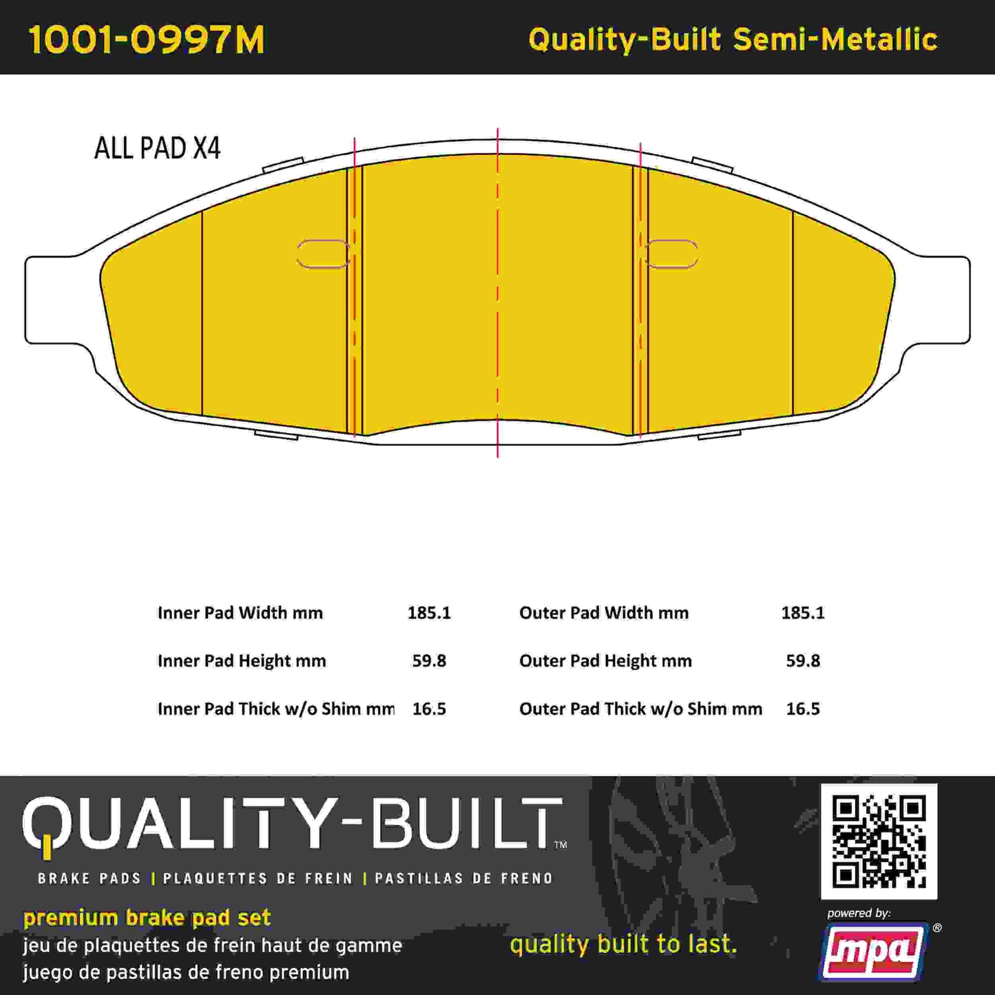 Quality-Built Quality-Built Premium Semi-Metallic Brake Pads w/ Hardware 1001-0997M