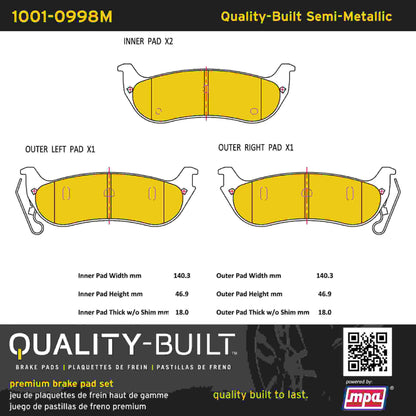 Quality-Built Quality-Built Premium Semi-Metallic Brake Pads w/ Hardware 1001-0998M