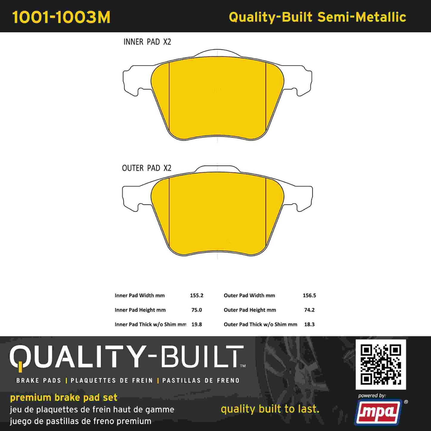 Quality-Built Quality-Built Premium Semi-Metallic Brake Pads w/ Hardware 1001-1003M
