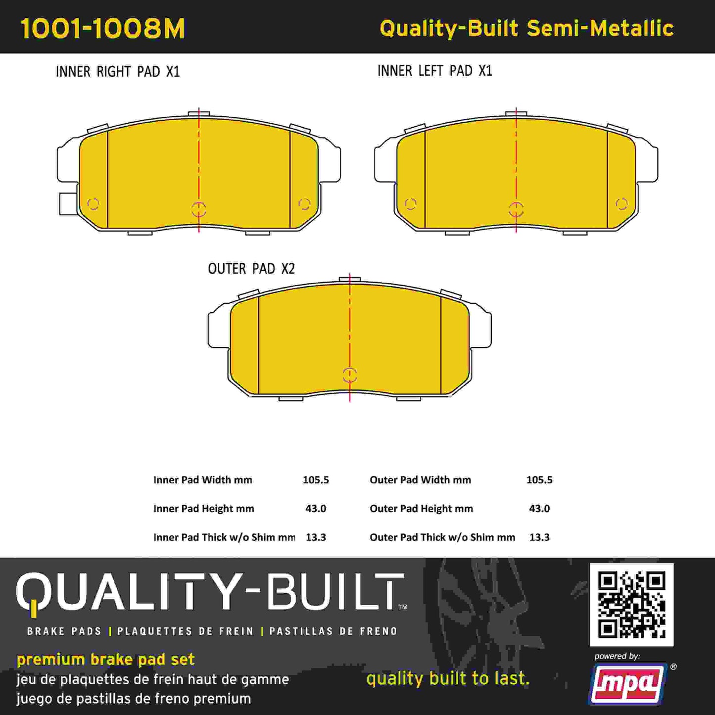 Quality-Built Quality-Built Premium Semi-Metallic Brake Pads w/ Hardware 1001-1008M