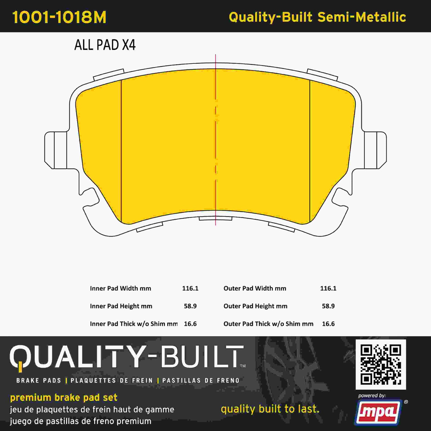 Quality-Built Quality-Built Premium Semi-Metallic Brake Pads w/ Hardware 1001-1018M