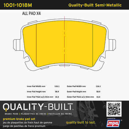 Quality-Built Quality-Built Premium Semi-Metallic Brake Pads w/ Hardware 1001-1018M