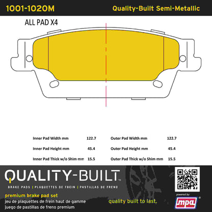 Quality-Built Quality-Built Premium Semi-Metallic Brake Pads w/ Hardware 1001-1020M