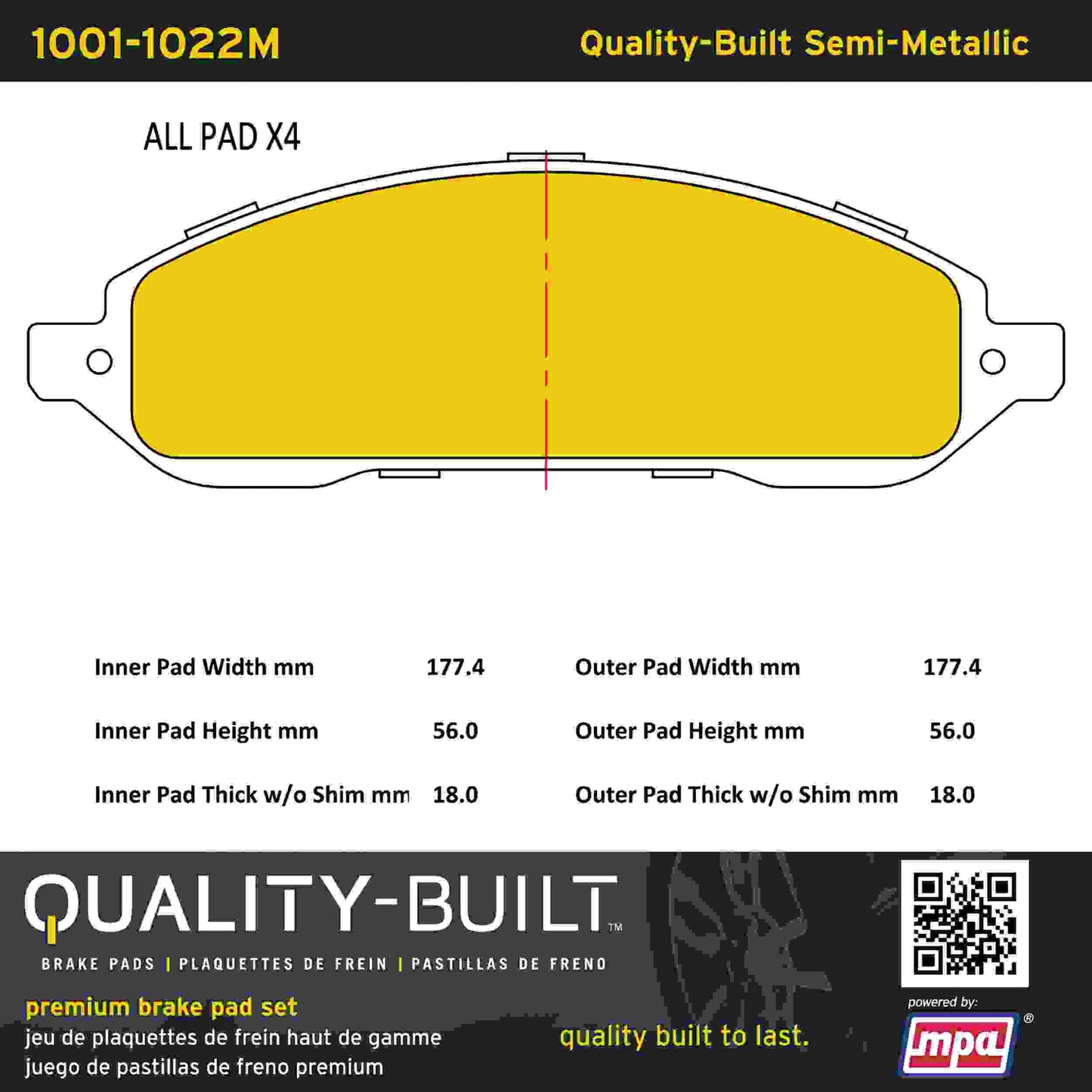 Quality-Built Quality-Built Premium Semi-Metallic Brake Pads w/ Hardware 1001-1022M