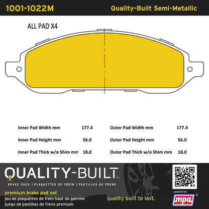 Quality-Built Quality-Built Premium Semi-Metallic Brake Pads w/ Hardware 1001-1022M
