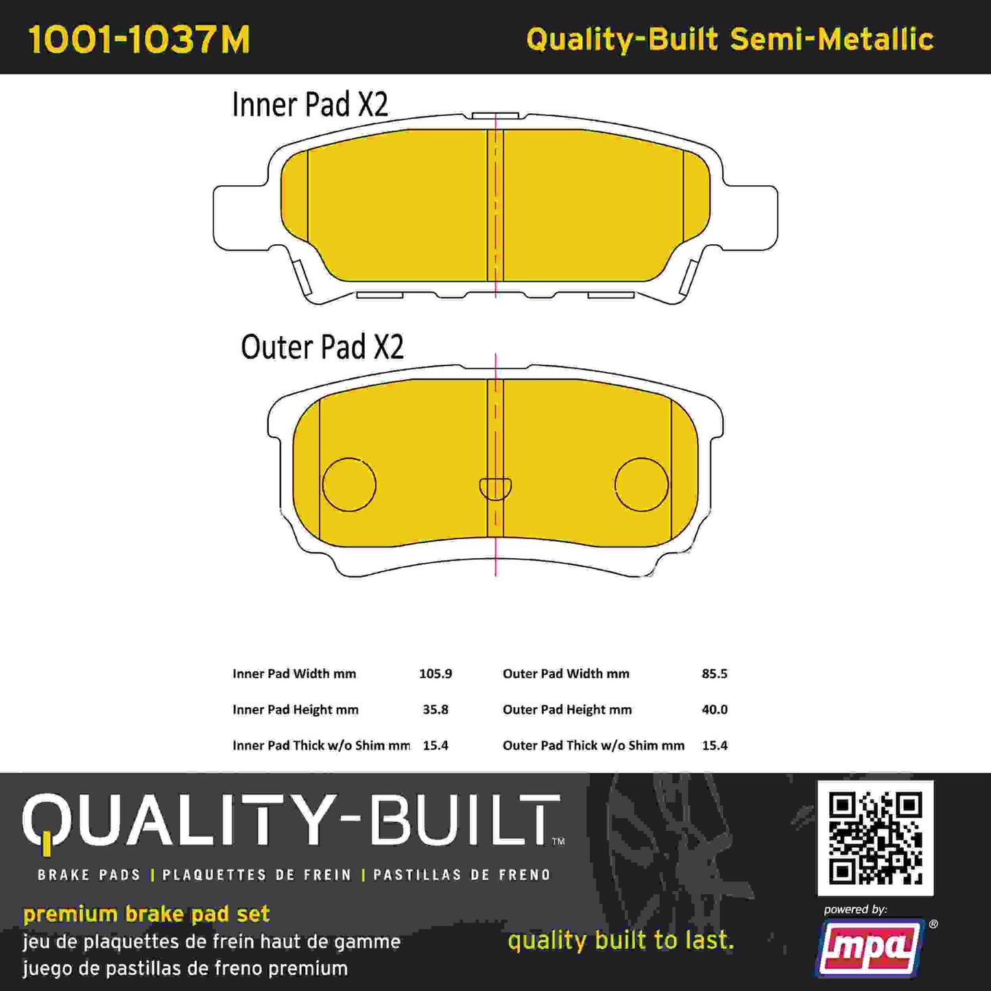 Quality-Built Quality-Built Premium Semi-Metallic Brake Pads w/ Hardware 1001-1037M