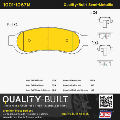 Quality-Built Quality-Built Premium Semi-Metallic Brake Pads w/ Hardware 1001-1067M