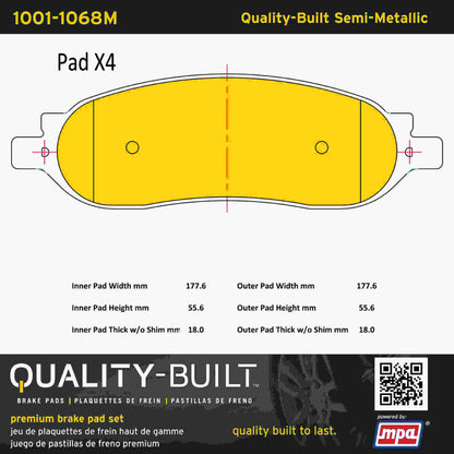 Quality-Built Quality-Built Premium Semi-Metallic Brake Pads w/ Hardware 1001-1068M
