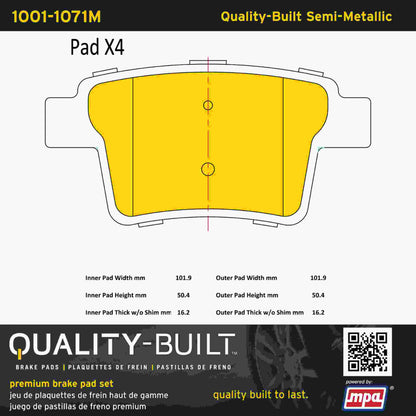 Quality-Built Quality-Built Premium Semi-Metallic Brake Pads w/ Hardware 1001-1071M