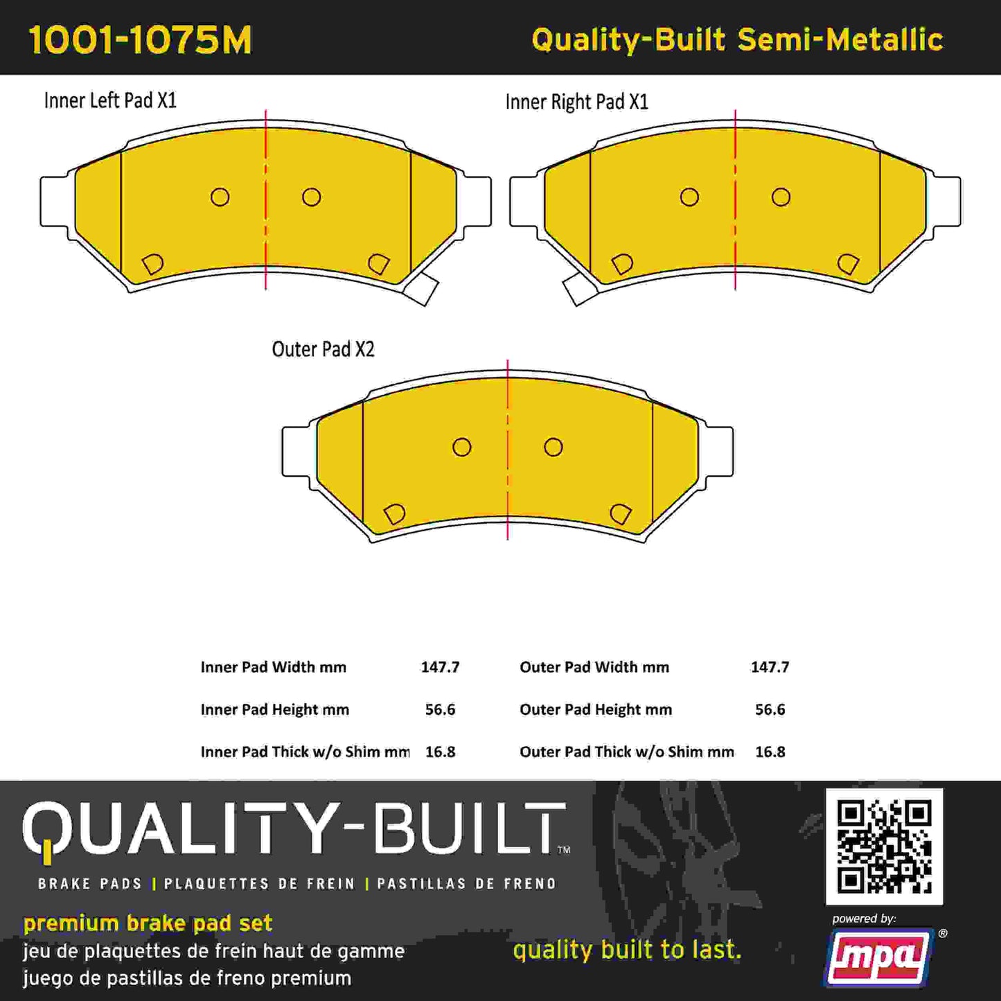 Quality-Built Quality-Built Premium Semi-Metallic Brake Pads w/ Hardware 1001-1075M