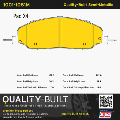 Quality-Built Quality-Built Premium Semi-Metallic Brake Pads w/ Hardware 1001-1081M