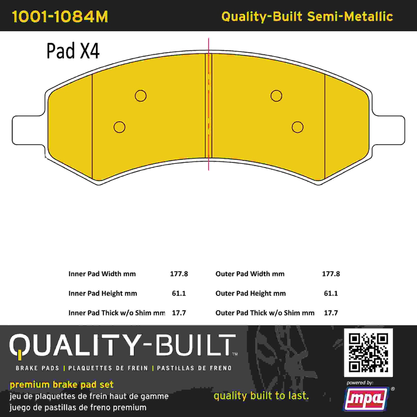 Quality-Built Quality-Built Premium Semi-Metallic Brake Pads w/ Hardware 1001-1084M