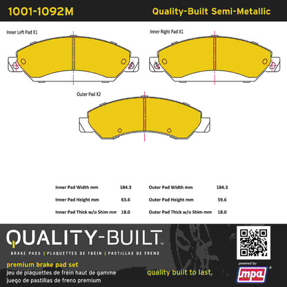 Quality-Built Quality-Built Premium Semi-Metallic Brake Pads w/ Hardware 1001-1092M