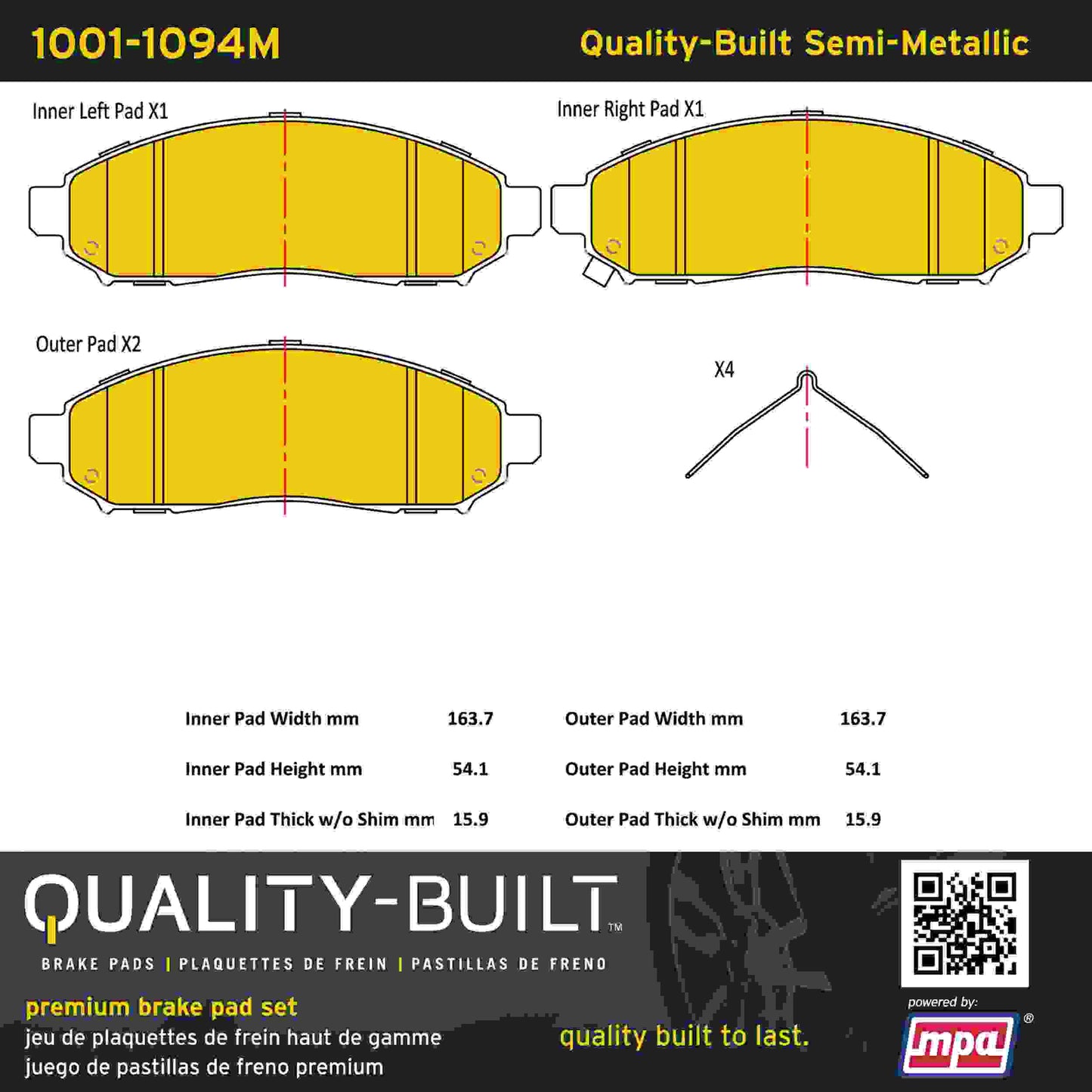 Quality-Built Quality-Built Premium Semi-Metallic Brake Pads w/ Hardware 1001-1094M