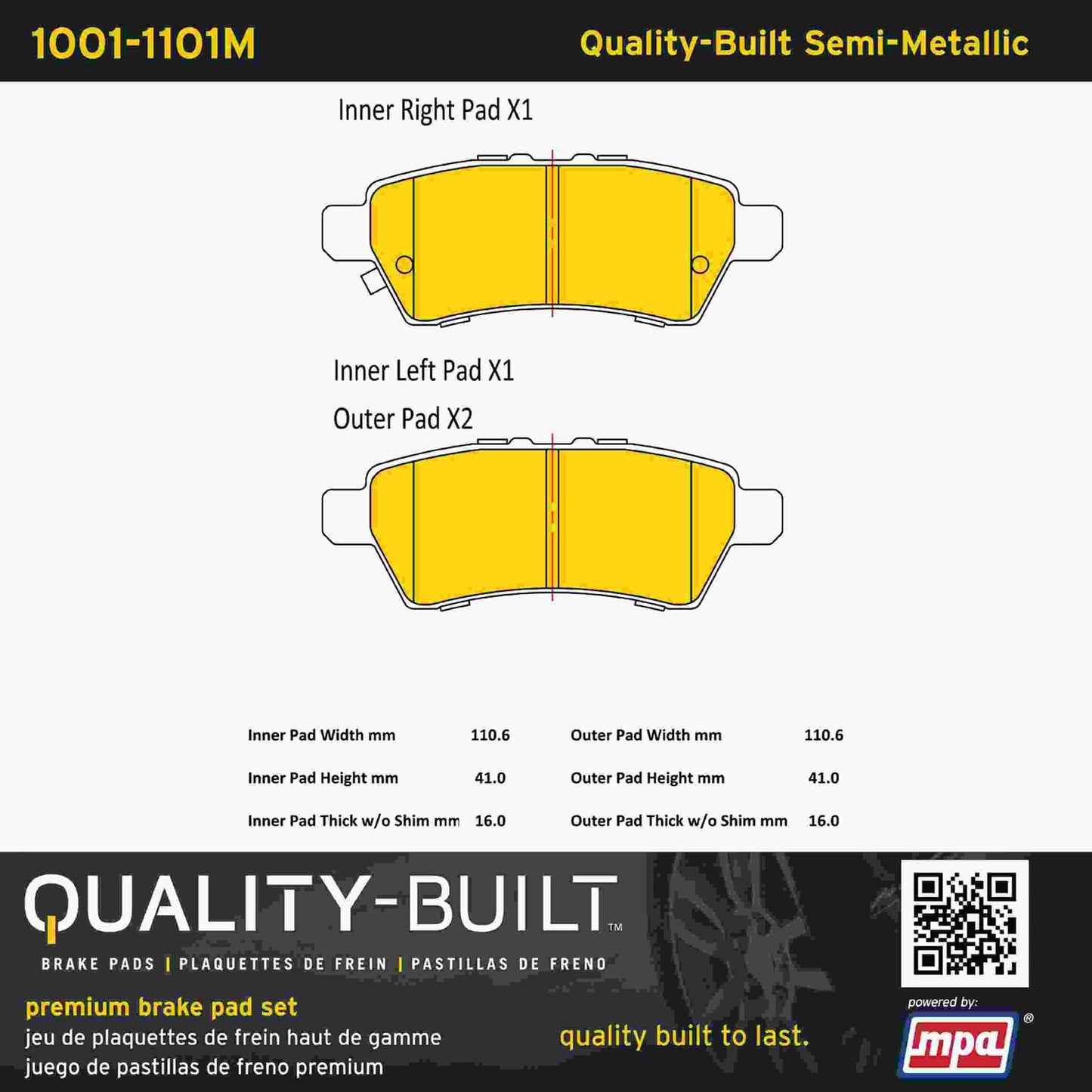 Quality-Built Quality-Built Premium Semi-Metallic Brake Pads w/ Hardware 1001-1101M