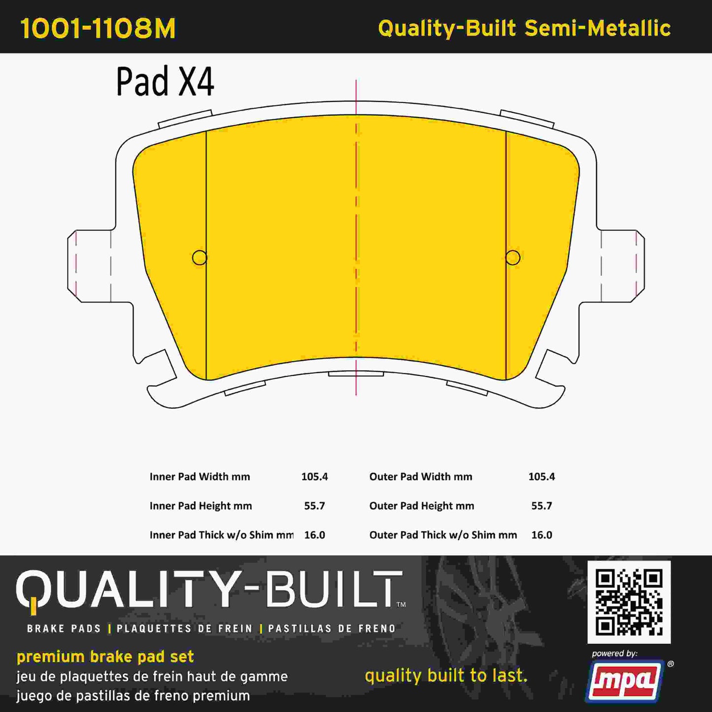 Quality-Built Quality-Built Premium Semi-Metallic Brake Pads w/ Hardware 1001-1108M