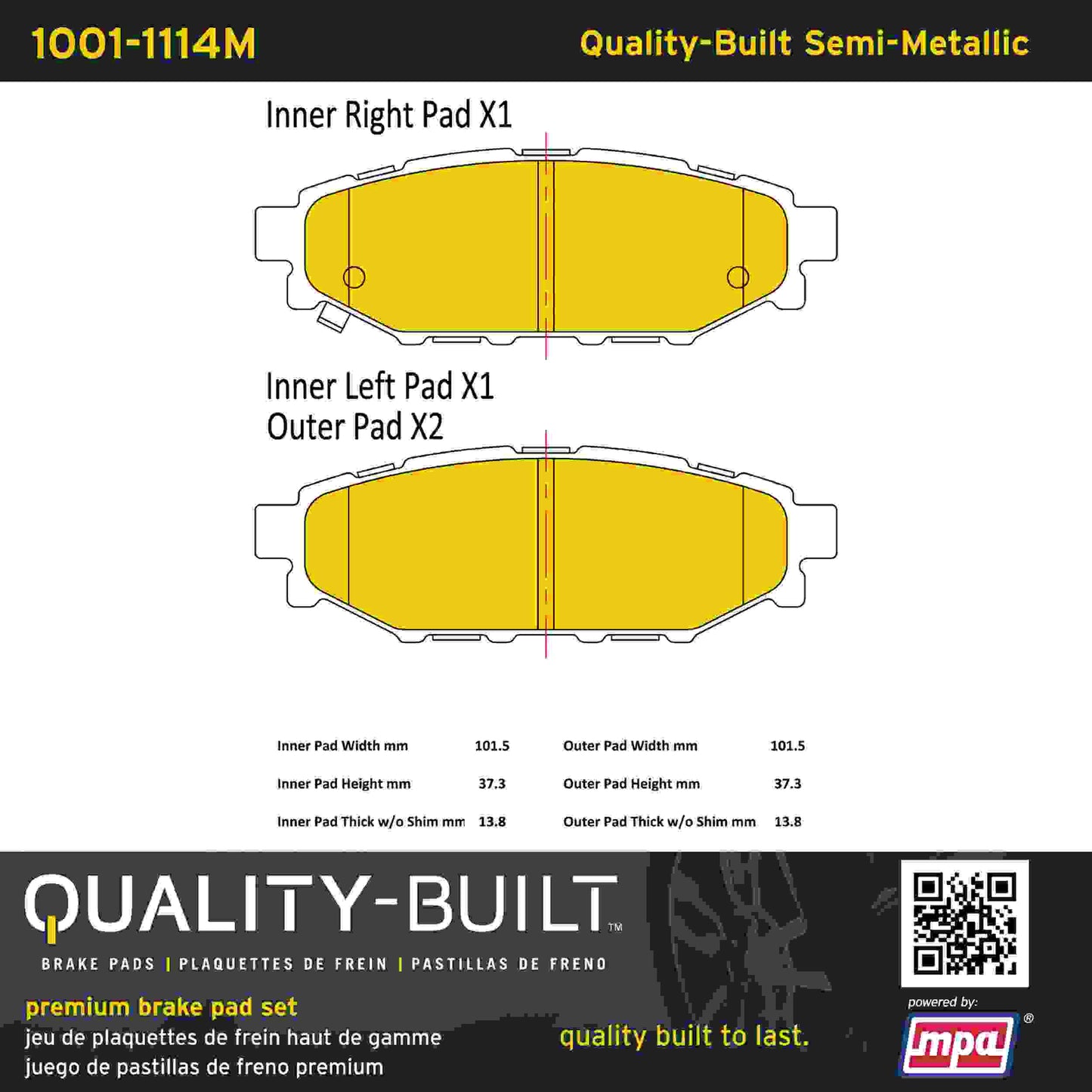 Quality-Built Quality-Built Premium Semi-Metallic Brake Pads w/ Hardware 1001-1114M