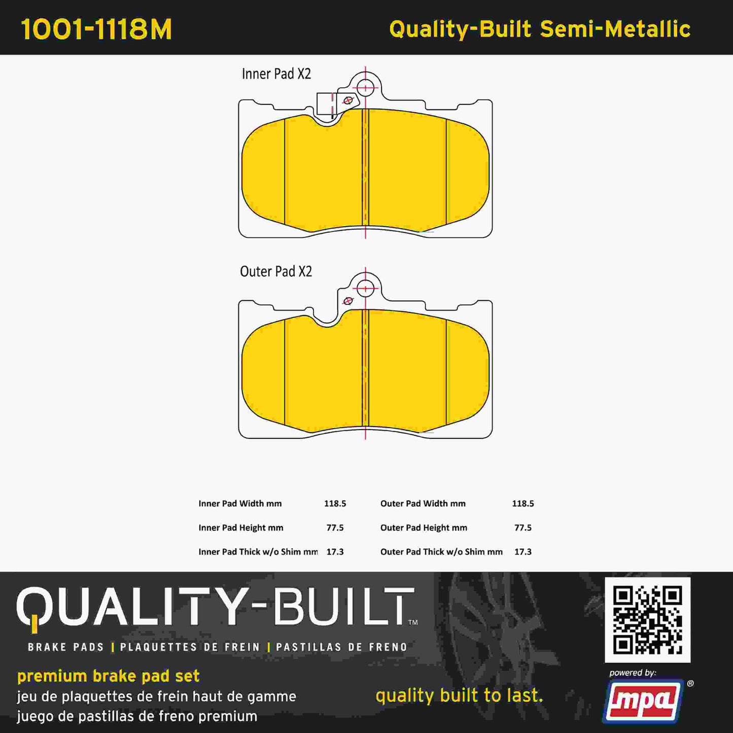 Quality-Built Quality-Built Premium Semi-Metallic Brake Pads w/ Hardware 1001-1118M