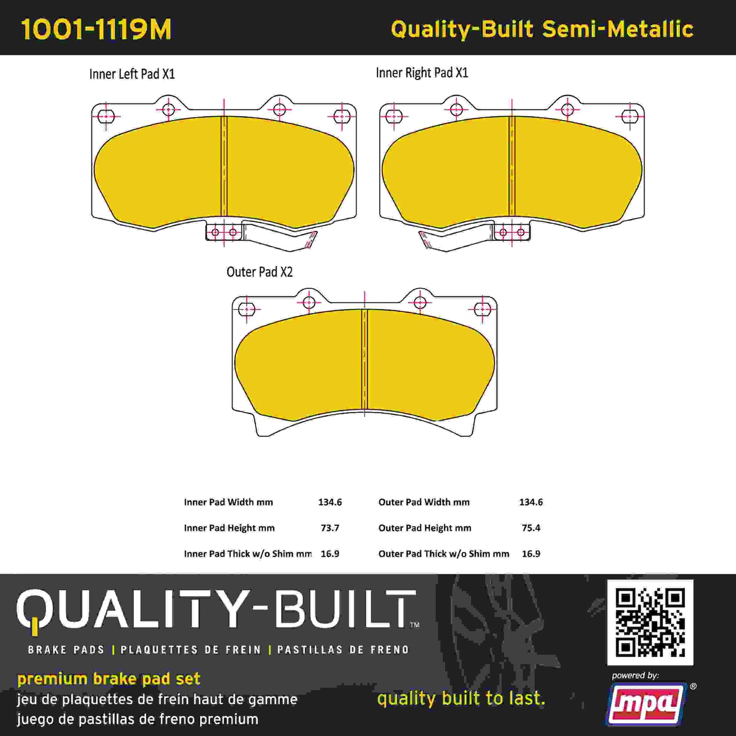 Quality-Built Quality-Built Premium Semi-Metallic Brake Pads w/ Hardware 1001-1119M