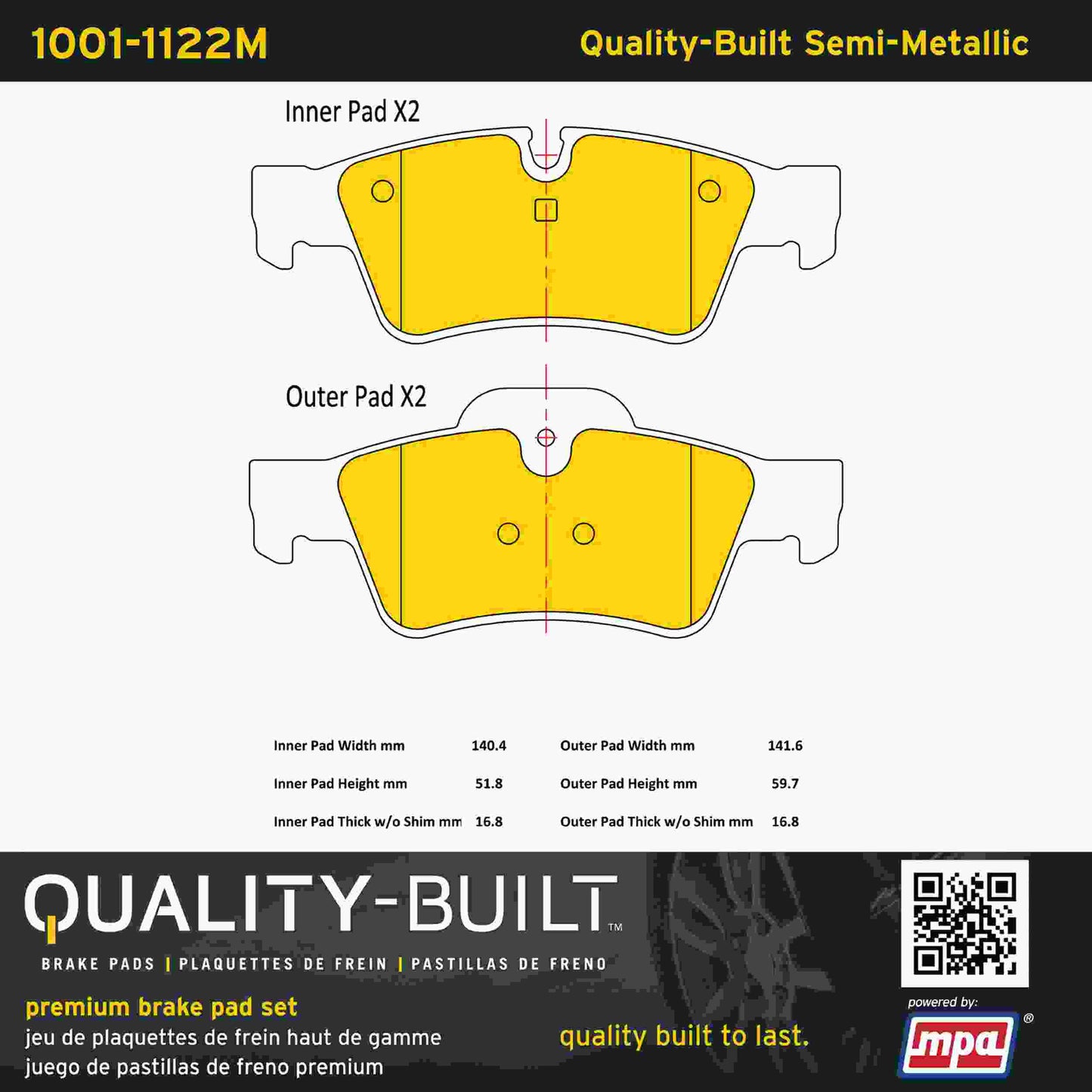 Quality-Built Quality-Built Premium Semi-Metallic Brake Pads w/ Hardware 1001-1122M