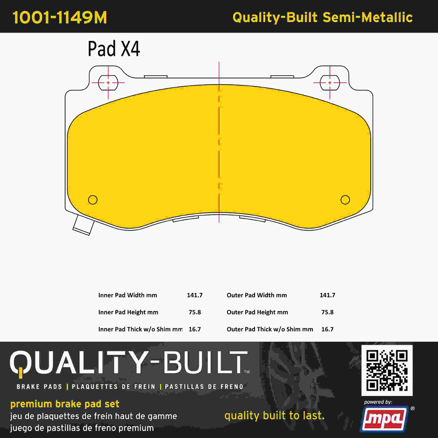 Quality-Built Quality-Built Premium Semi-Metallic Brake Pads w/ Hardware 1001-1149M