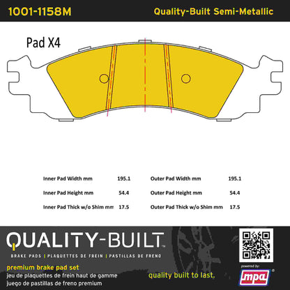 Quality-Built Quality-Built Premium Semi-Metallic Brake Pads w/ Hardware 1001-1158M