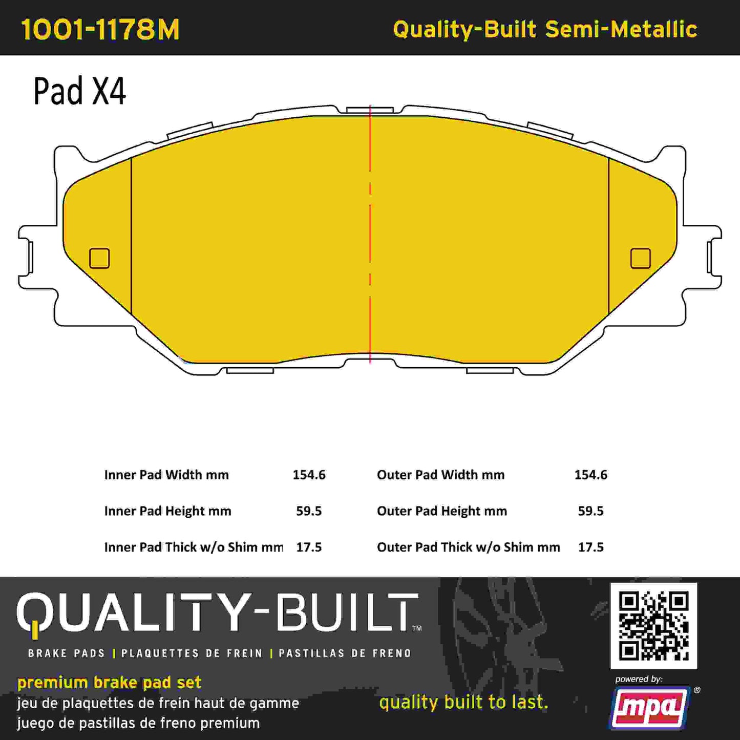 Quality-Built Quality-Built Premium Semi-Metallic Brake Pads w/ Hardware 1001-1178M