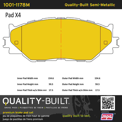 Quality-Built Quality-Built Premium Semi-Metallic Brake Pads w/ Hardware 1001-1178M