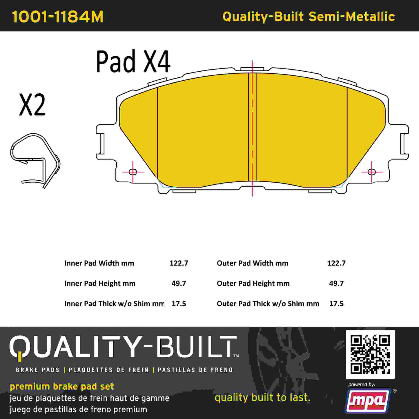Quality-Built Quality-Built Premium Semi-Metallic Brake Pads w/ Hardware 1001-1184M