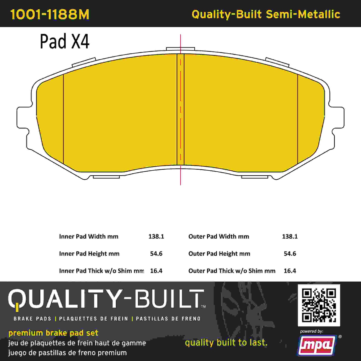 Quality-Built Quality-Built Premium Semi-Metallic Brake Pads w/ Hardware 1001-1188M