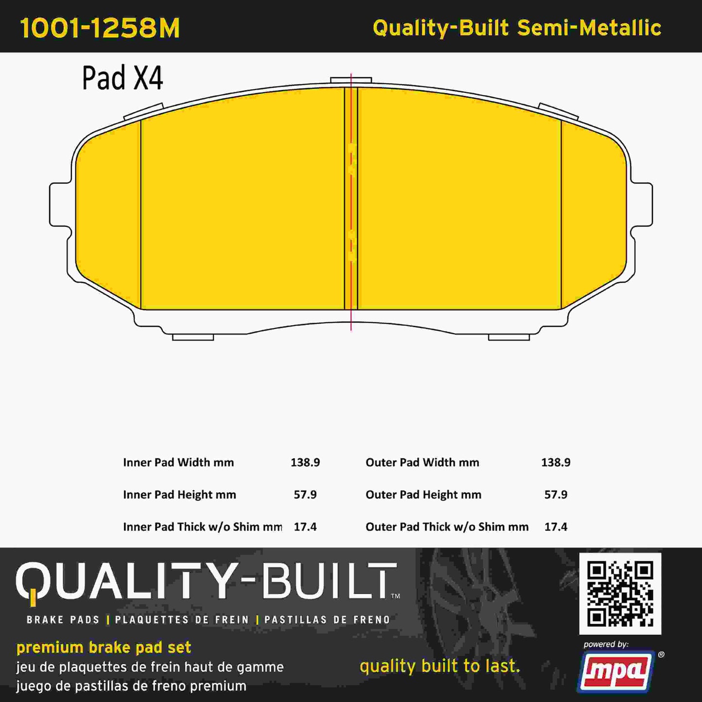 Quality-Built Quality-Built Premium Semi-Metallic Brake Pads w/ Hardware 1001-1258M
