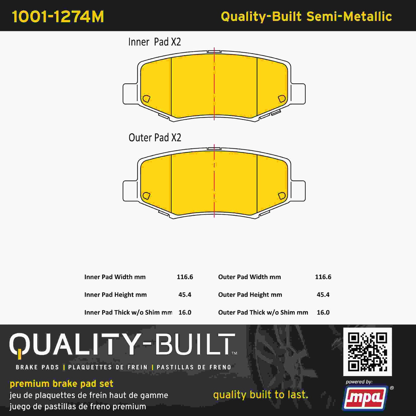 Quality-Built Quality-Built Premium Semi-Metallic Brake Pads w/ Hardware 1001-1274M