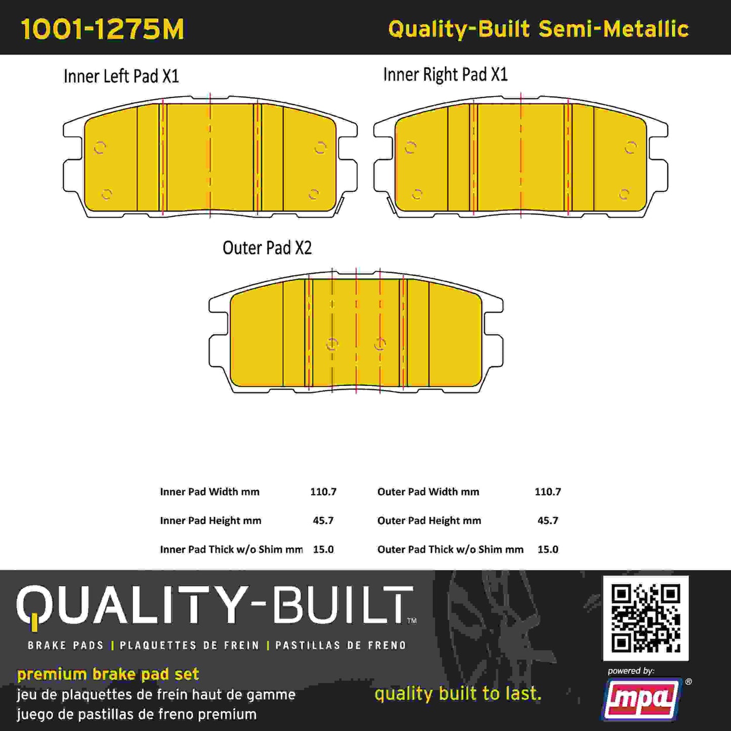 Quality-Built Quality-Built Premium Semi-Metallic Brake Pads w/ Hardware 1001-1275M
