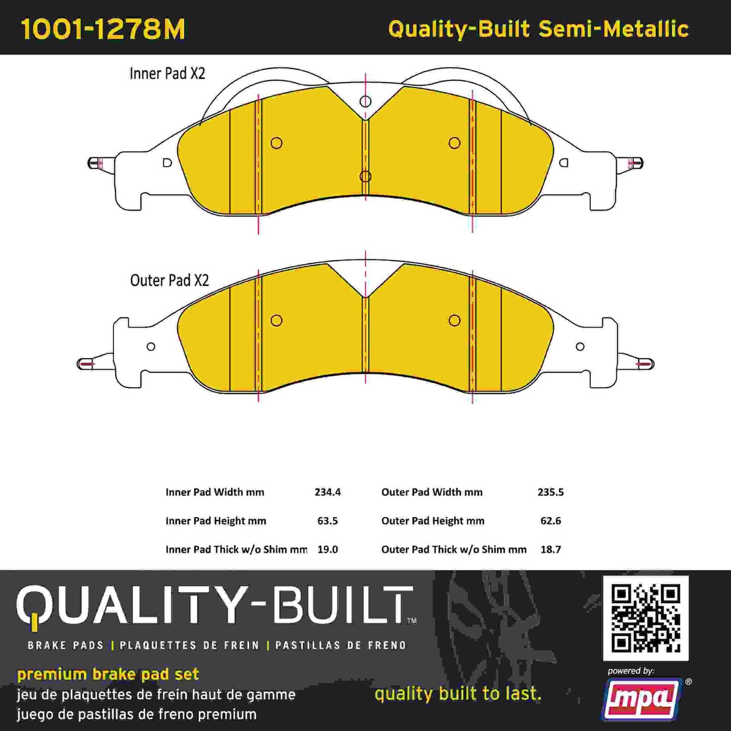 Quality-Built Quality-Built Premium Semi-Metallic Brake Pads w/ Hardware 1001-1278M