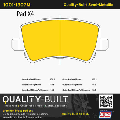 Quality-Built Quality-Built Premium Semi-Metallic Brake Pads w/ Hardware 1001-1307M
