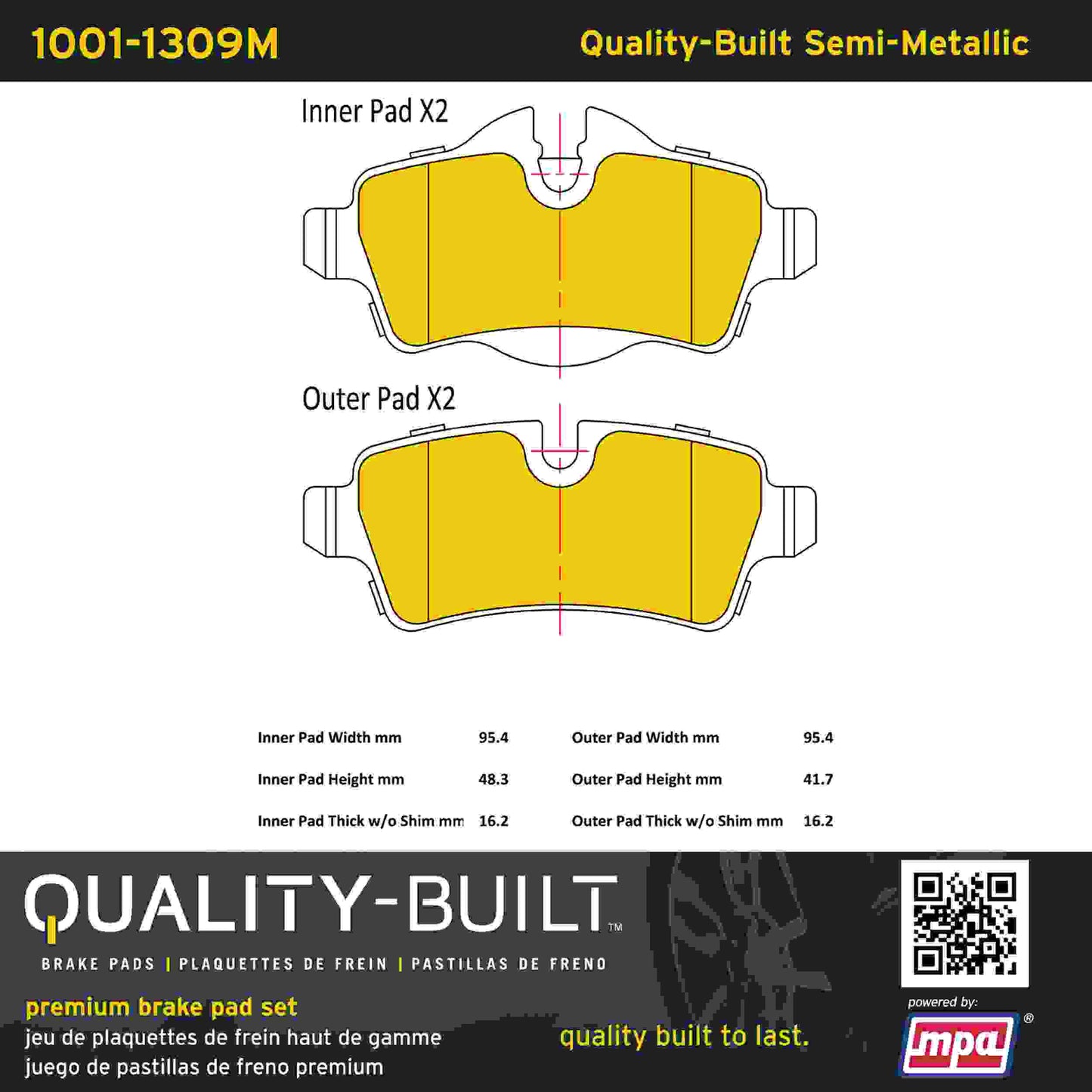 Quality-Built Quality-Built Premium Semi-Metallic Brake Pads w/ Hardware 1001-1309M