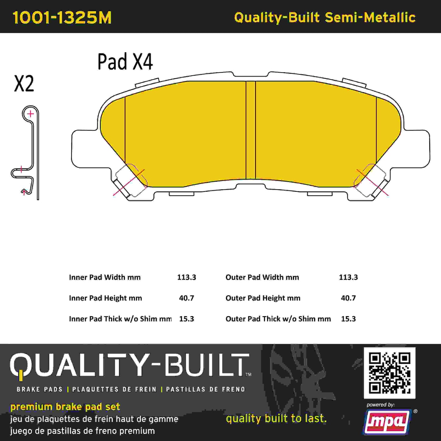 Quality-Built Quality-Built Premium Semi-Metallic Brake Pads w/ Hardware 1001-1325M