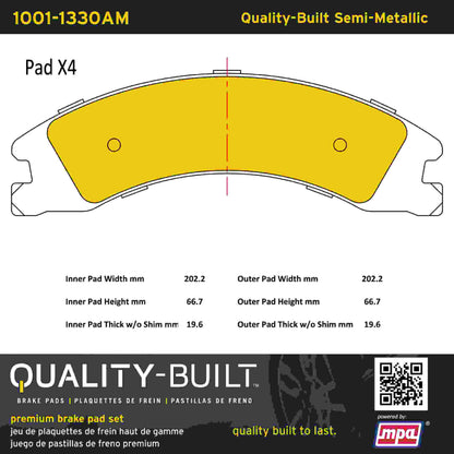 Quality-Built Quality-Built Premium Semi-Metallic Brake Pads w/ Hardware 1001-1330AM