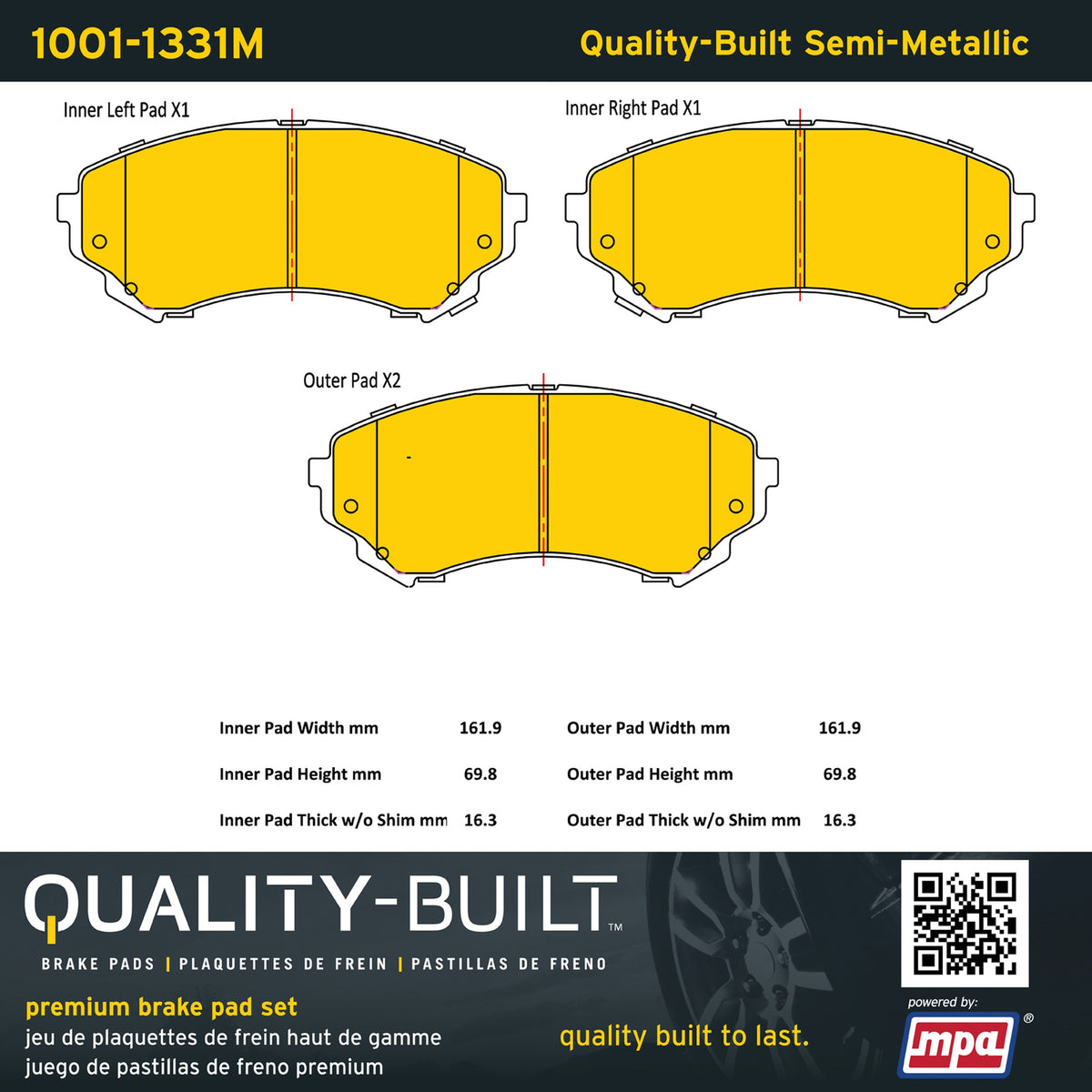 Quality-Built Quality-Built Premium Semi-Metallic Brake Pads w/ Hardware 1001-1331M