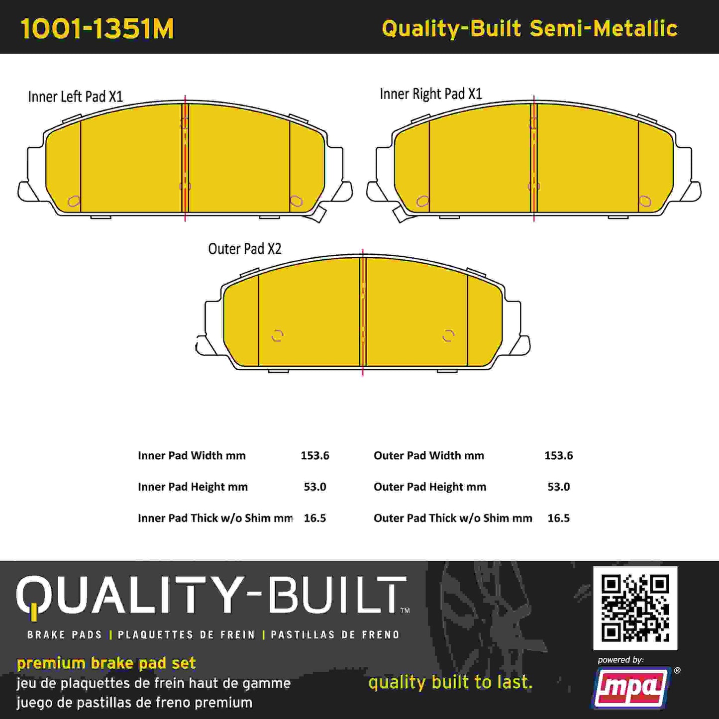 Quality-Built Quality-Built Premium Semi-Metallic Brake Pads w/ Hardware 1001-1351M
