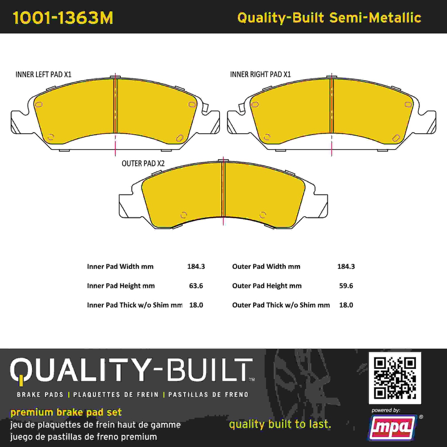 Quality-Built Quality-Built Premium Semi-Metallic Brake Pads w/ Hardware 1001-1363M