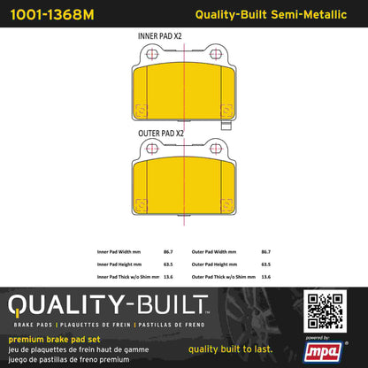 Quality-Built Quality-Built Premium Semi-Metallic Brake Pads w/ Hardware 1001-1368M