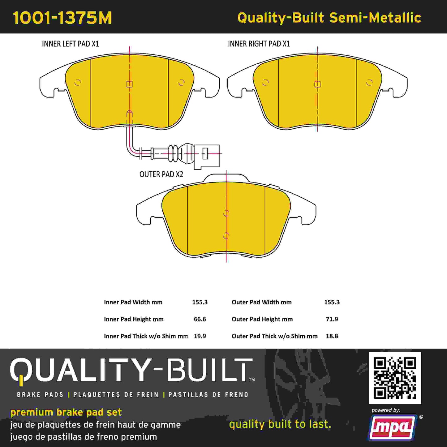 Quality-Built Quality-Built Premium Semi-Metallic Brake Pads w/ Hardware 1001-1375M
