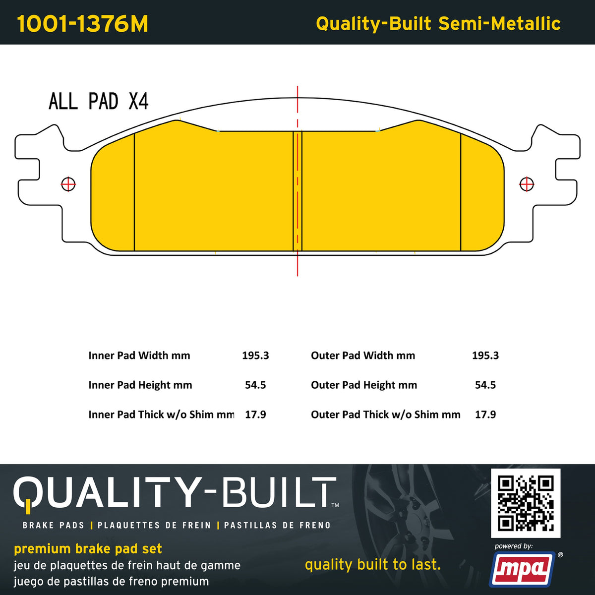Quality-Built Quality-Built Premium Semi-Metallic Brake Pads w/ Hardware 1001-1376M