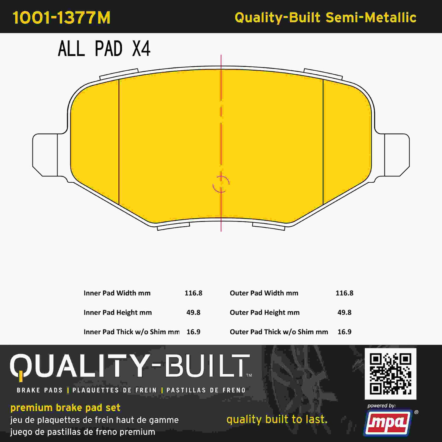 Quality-Built Quality-Built Premium Semi-Metallic Brake Pads w/ Hardware 1001-1377M