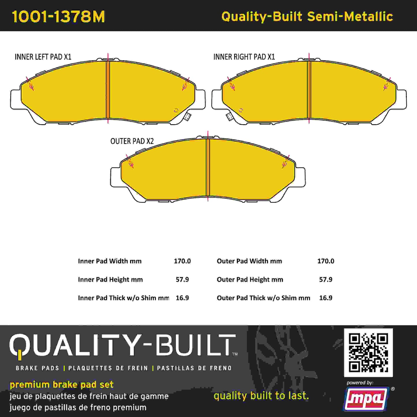 Quality-Built Quality-Built Premium Semi-Metallic Brake Pads w/ Hardware 1001-1378M