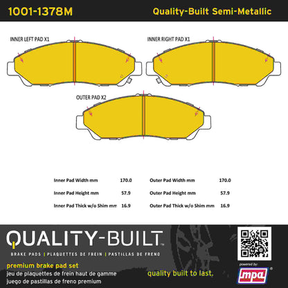 Quality-Built Quality-Built Premium Semi-Metallic Brake Pads w/ Hardware 1001-1378M